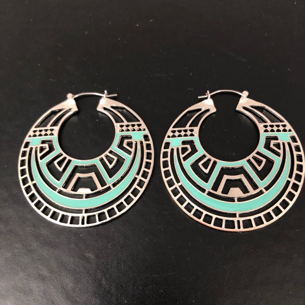 Silver tone and light blue hoop earrings